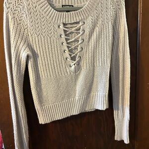 Express Women's Lace-Up Cream V-Neck Sweater